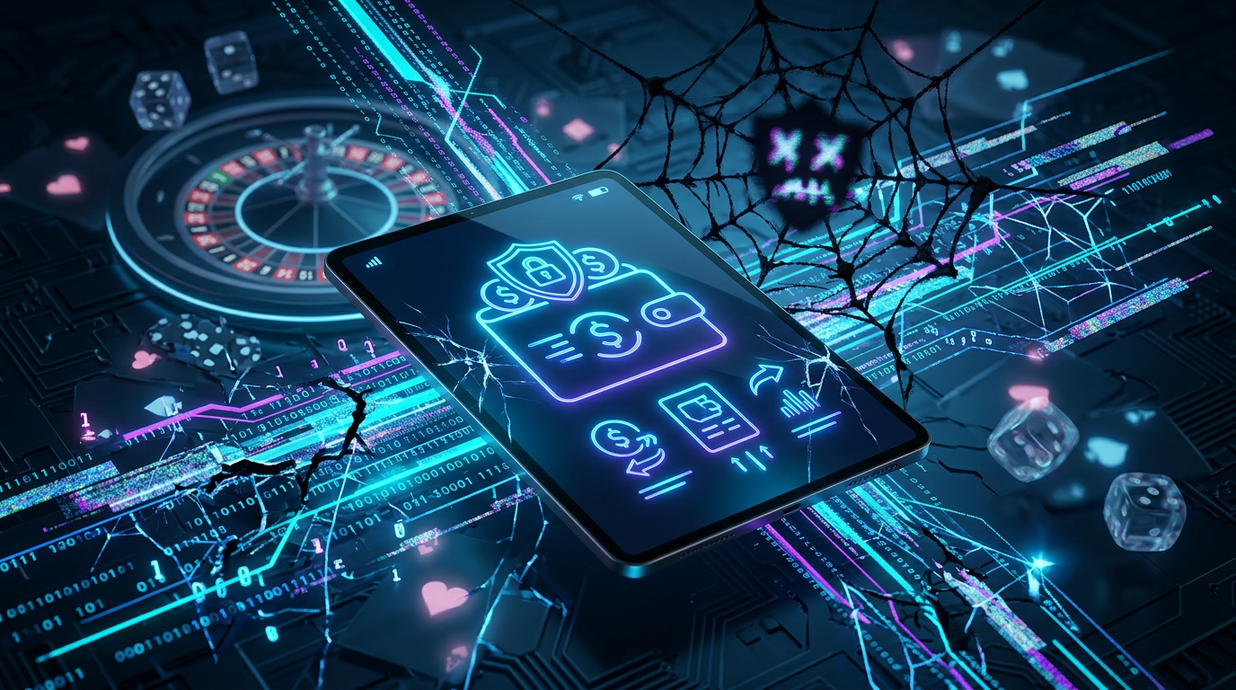 Die Darstellung einer Tablets mit typischen Casino-Symbolen & Bezahl-Icons herum.