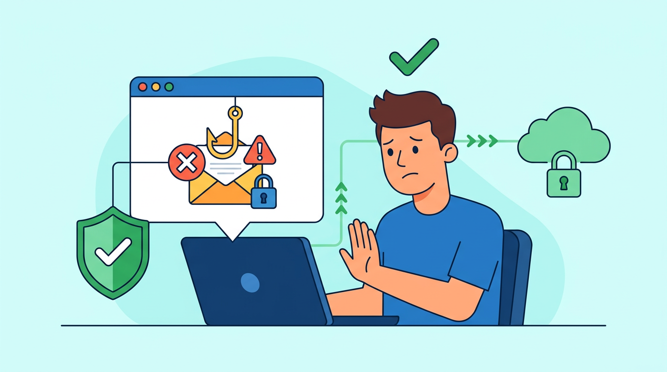 Eine männlich gezeichnete Figur sitzt vor dem Laptop und will sich gegen Phishing-Angriffe absichern.