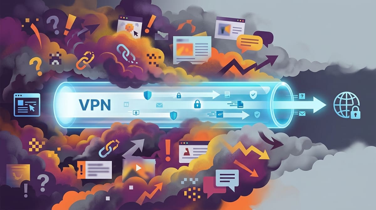 Illustration eines VPN-Tunnels, der Daten sicher durch eine Wolke aus Cyberbedrohungen zum Internet leitet.